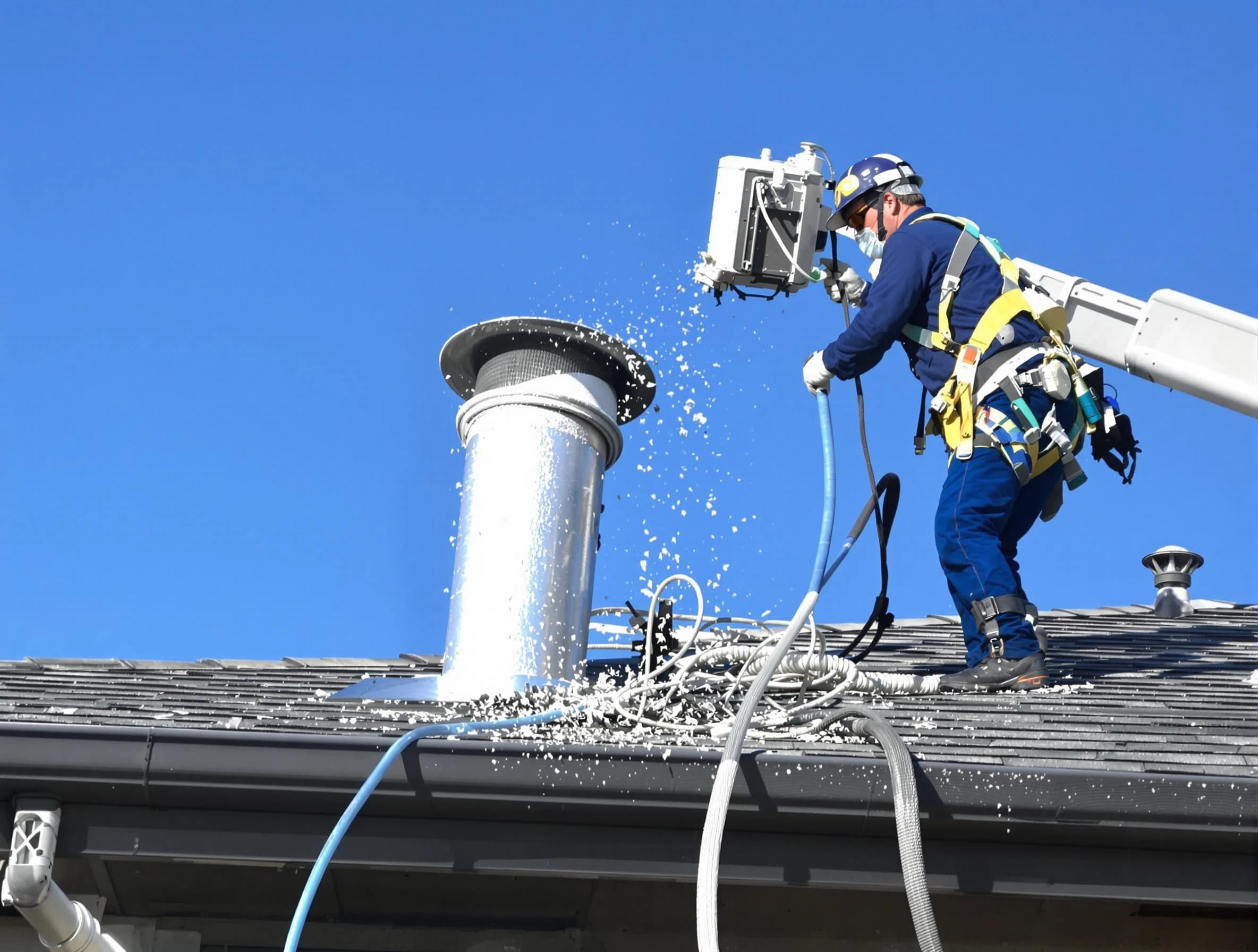 Aliquippa Dryer Vent Cleaning certified technician safely cleaning a roof-mounted dryer vent in Aliquippa