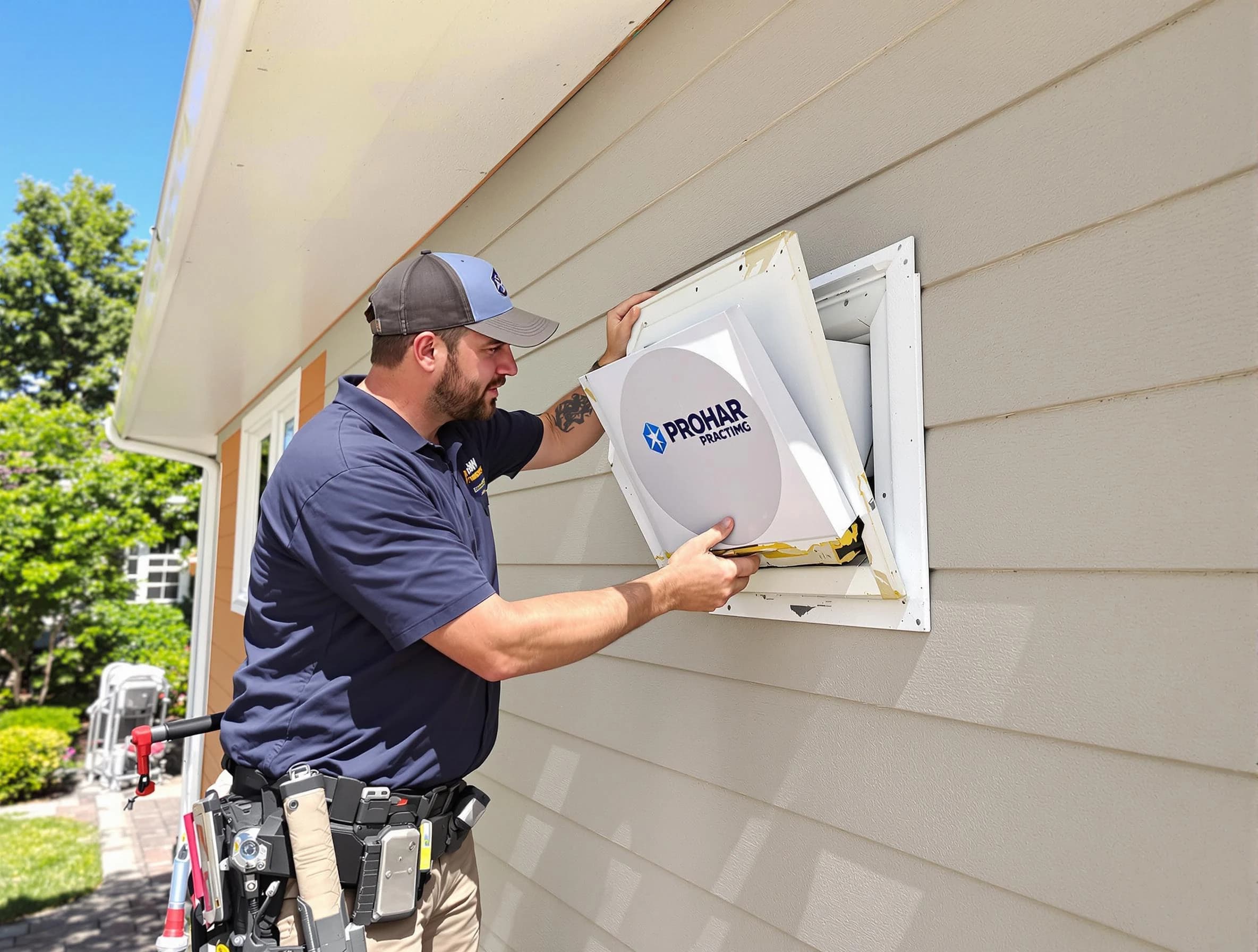 Aliquippa Dryer Vent Cleaning technician installing a new protective dryer vent cover on a home in Aliquippa