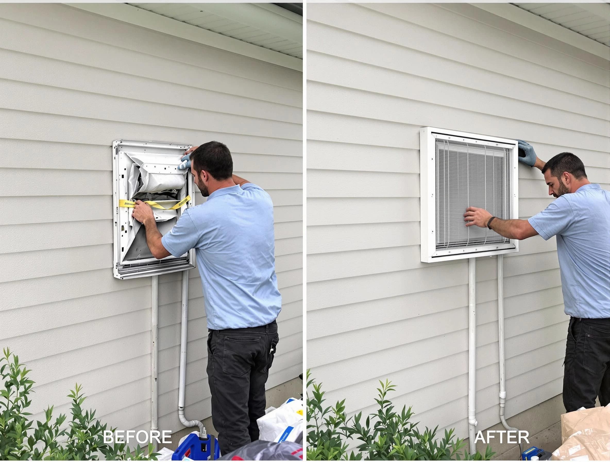 Aliquippa Dryer Vent Cleaning technician installing high-quality dryer vent cover at a residential property in Aliquippa